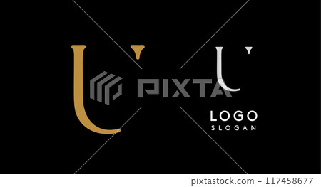Minimalist logo design with letter U in gold on black background for luxury brand, beauty and fashion, premium corporate identity, and cutting-edge innovative futuristic projects. Vector illustration. 117458677
