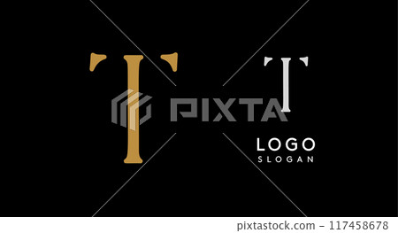 Minimalist logo design with letter T in gold on black background for luxury brand, beauty and fashion, premium corporate identity, and cutting-edge innovative futuristic projects. Vector illustration. 117458678