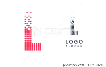 Pixelated Letter L transitioning into scattered pixels with gradient colors creating modern, digital effect like equalizer. Abstract logo for tech software and digital media. Vector illustration. 117458698
