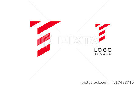 Abstract red geometric letter T with parallel lines. Stripes modern logotype concept, futuristic design for an innovative company, minimalist sporty and technological power style. Vector illustration Abstract red geometric letter T with parallel lines. Stripes modern logotype concept, futuristic design for an innovative company, minimalist sporty and technological power style. Vector illustration 117458710