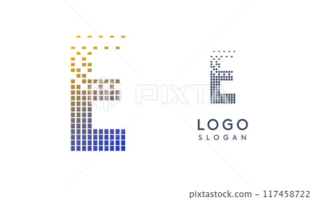 Pixelated Letter E transitioning into scattered pixels with gradient colors creating modern, digital effect like equalizer. Abstract logo for tech software and digital media. Vector illustration. Pixelated Letter E transitioning into scattered pixels with gradient colors creating modern, digital effect like equalizer. Abstract logo for tech software and digital media. Vector illustration. 117458722