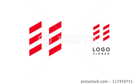 Abstract red geometric letter H with parallel lines. Stripes modern logotype concept, futuristic design for an innovative company, minimalist sporty and technological power style. Vector illustration Abstract red geometric letter H with parallel lines. Stripes modern logotype concept, futuristic design for an innovative company, minimalist sporty and technological power style. Vector illustration 117458731