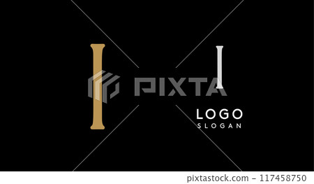 Minimalist logo design with letter I in gold on black background for luxury brand, beauty and fashion, premium corporate identity, and cutting-edge innovative futuristic projects. Vector illustration. 117458750