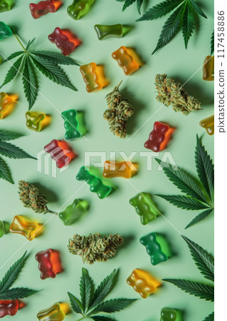 CBD Gummy Bears with Cannabis Buds and Leaves on Light Green Background 117458886