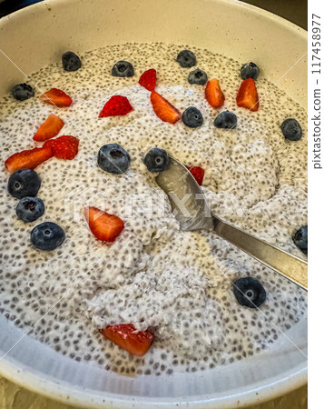 Bowl of Porridge with chia seed and berries . High quality photo Bowl of Porridge with chia seed and berries . High quality photo 117458977