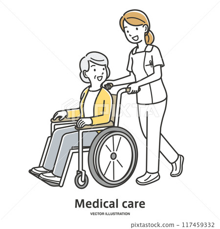 Nurse assisting an elderly woman in a wheelchair 117459332