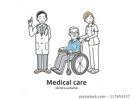 一名護士推著輪椅、一名年長婦女和一名醫生的插圖 117459337
