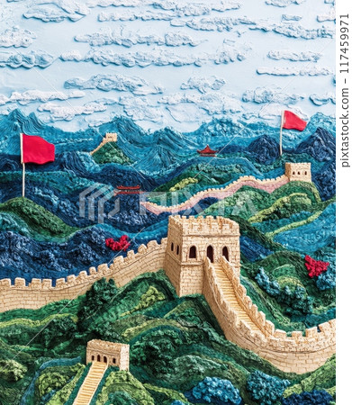 An intricate illustration of the Great Wall winding through lush mountains and valleys under a vibrant blue sky with clouds. Generative AI 117459971