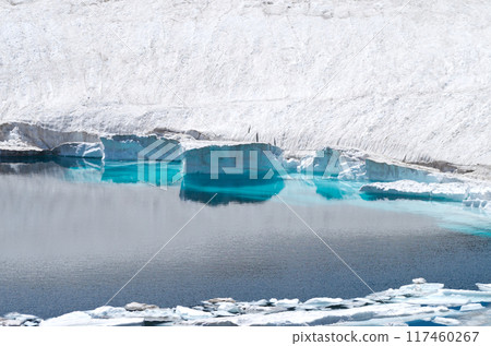 Snow rafts on Mikurigaike Pond, Murododaira, Mt. Tateyama, as the ice melts in June 117460267
