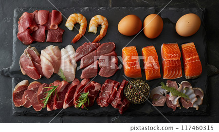 All Meat, Fish and Eggs Platter Overhead. Generative AI. 117460315