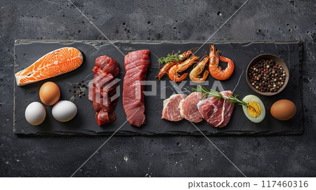 All Meat, Fish and Eggs Platter Overhead. Generative AI. 117460316