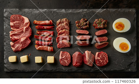 All Meat, Fish and Eggs Platter Overhead. Generative AI. 117460326