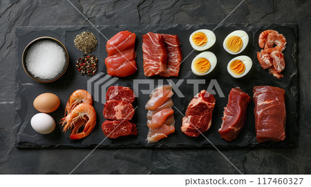 All Meat, Fish and Eggs Platter Overhead. Generative AI. 117460327