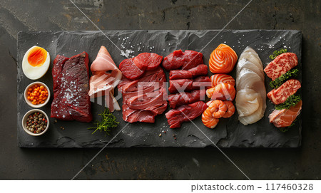 All Meat, Fish and Eggs Platter Overhead. Generative AI. 117460328