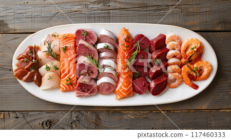 All Meat and Fish Platter Overhead. Generative AI. 117460333