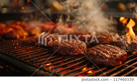 Several Hamburgers Sizzling on the BBQ. Generative AI. 117460339