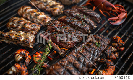 Several Beef Steaks, Lobster and Shrimp Sizzling on the BBQ. Generative AI. 117460348