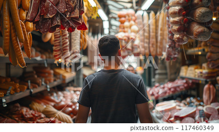 Man Standing In Front of a Variety of Shelved and Hanging Meats. Generative AI. 117460349