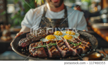 Man Holding Out A Plate Filled with Steak and Eggs. Generative AI. 117460355