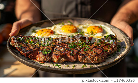 Man Holding Out A Plate Filled with Steak and Eggs. Generative AI. 117460356