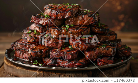 Plate with A Stack of Several Grilled Steaks. Generative AI. 117460378