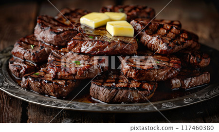 Plate with A Stack of Several Grilled Steaks with Butter on Top. Generative AI. 117460380