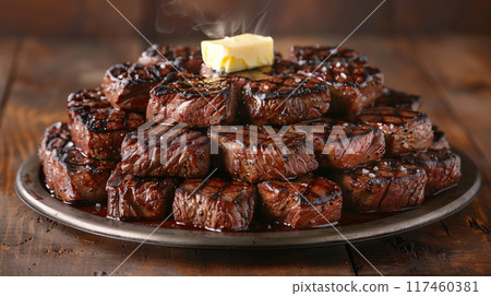 Plate with A Stack of Several Grilled Steaks with Butter on Top. Generative AI. 117460381