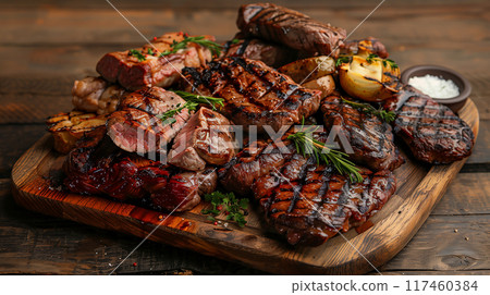 Plate with A Stack of Several Grilled Steaks. Generative AI. Plate with A Stack of Several Grilled Steaks. Generative AI. 117460384