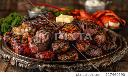 Steak and Lobster Platter. Generative AI. 117460390