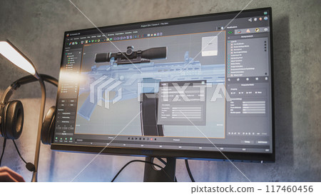 Professional design software with 3D model of sniper rifle on computer monitor 117460456