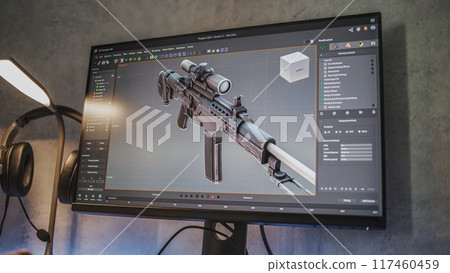 Professional design software with 3D model of sniper rifle on computer monitor 117460459