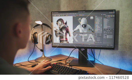 Young designer creates 3D model of game character using PC Young designer creates 3D model of game character using PC 117460528