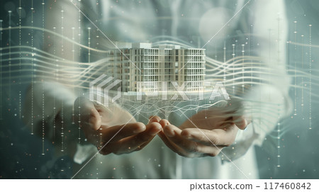 High tech real estate presentation by business professionals with city model, financial trends and market analysis 117460842