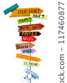 Wooden multicolored directional signs WELCOME, WINE, THIRST, BEER, HUNGER, FRUITS, RELAX, WC with food or drink choices in French language isolated on white background. 117460877