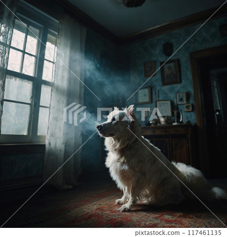 Dog sits on the floor  117461135