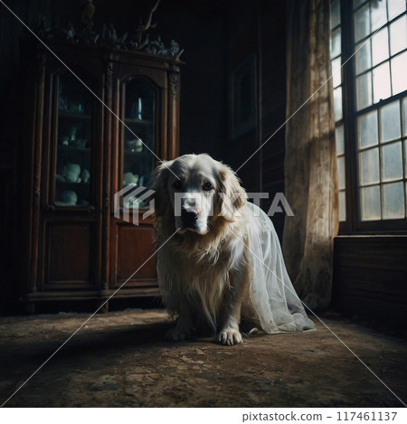A dog sits on the floor of an abandoned house 117461137