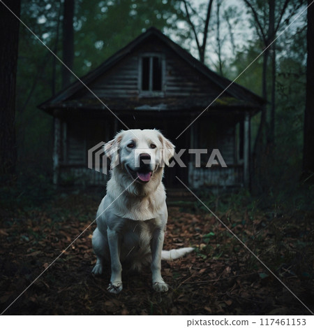 Dog sits in front of an old abandoned hut 117461153