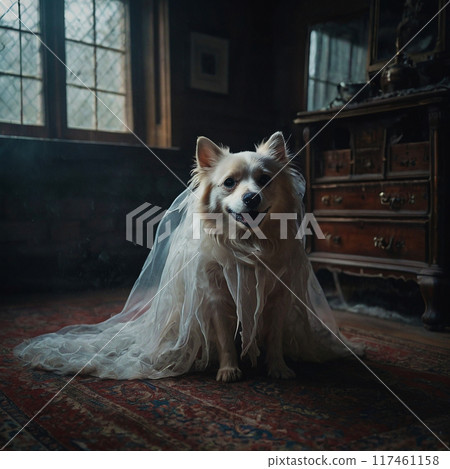 White Ghost Dog in Veil Sitting on Floor 117461158