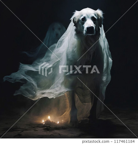 A ghostly white dog runs through the fire 117461184