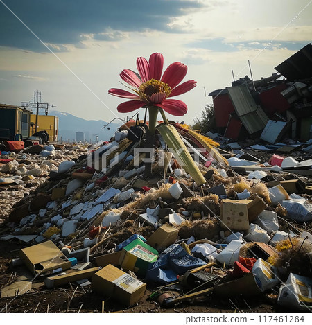 Pink flower among mountains of garbage 117461284