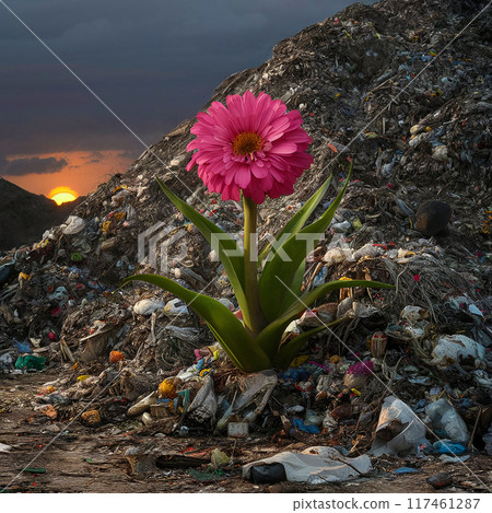 Pink flower among mountains of garbage 117461287