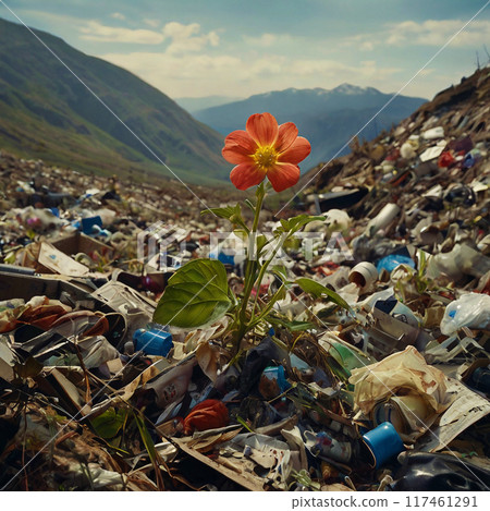 Pink flower among mountains of garbage 117461291