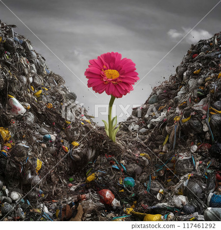 Pink flower among mountains of garbage 117461292