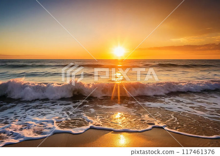 Hot summer sun over the sea. Sunset 117461376