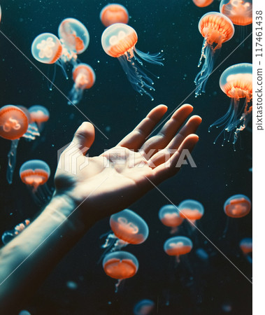 Mystical underwater scene with glowing jellyfish and reaching hands Mystical underwater scene with glowing jellyfish and reaching hands 117461438