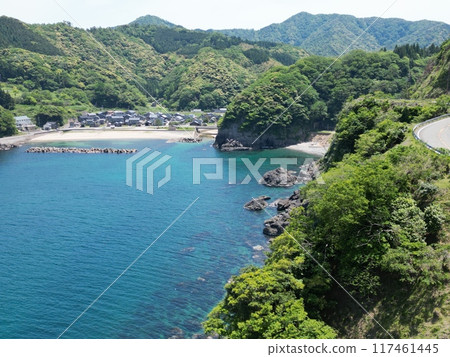 Aerial view of the beautiful coastline of Uhi Rhyolite in Takeno Town, Hyogo Prefecture Aerial view of the beautiful coastline of Uhi Rhyolite in Takeno Town, Hyogo Prefecture 117461445