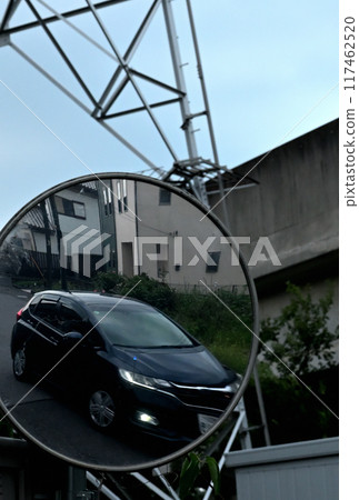 Sky, steel tower, concrete structure, car reflected in convex mirror Sky, steel tower, concrete structure, car reflected in convex mirror 117462520