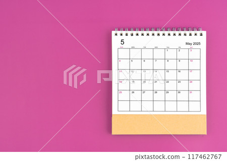 May 2025, Monthly desk calendar for 2025 year on purple background. May 2025, Monthly desk calendar for 2025 year on purple background. 117462767