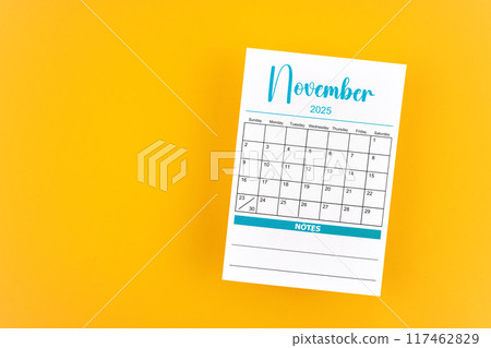 November 2025 calendar page on yellow background. November 2025 calendar page on yellow background. 117462829