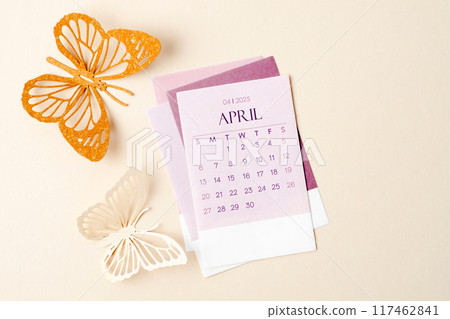 April 2025 calendar card for the organizer to plan and reminder and butterfly paper on yellow. 117462841